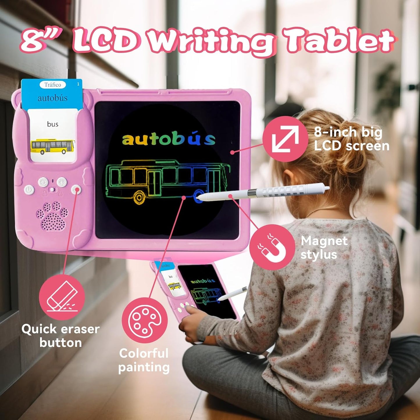 Talking English & Spanish Flash Cards - 8" LCD Writing Tablet for Kids 3-12, Bilingual 510 Sight Words, Toddler Pocket Speech, Drawing Sketch Pad, Autism Toys for Boys (Spanish, Blue)