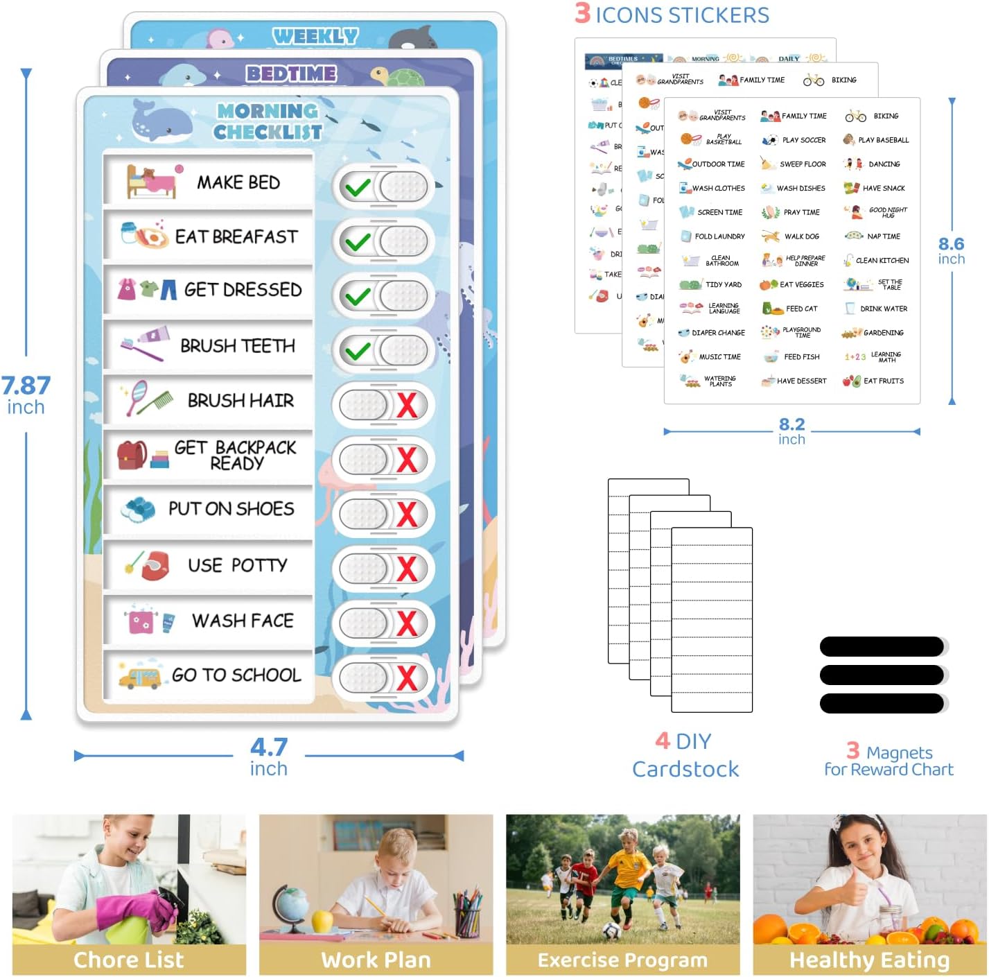 Upgraded Slider 3 in 1 Bedtime/Morning/Daily Routine Chart for Kids, Magnetic Chore Chart for Kids, Visual Schedule for Kids Toddlers Schedule Board for Home