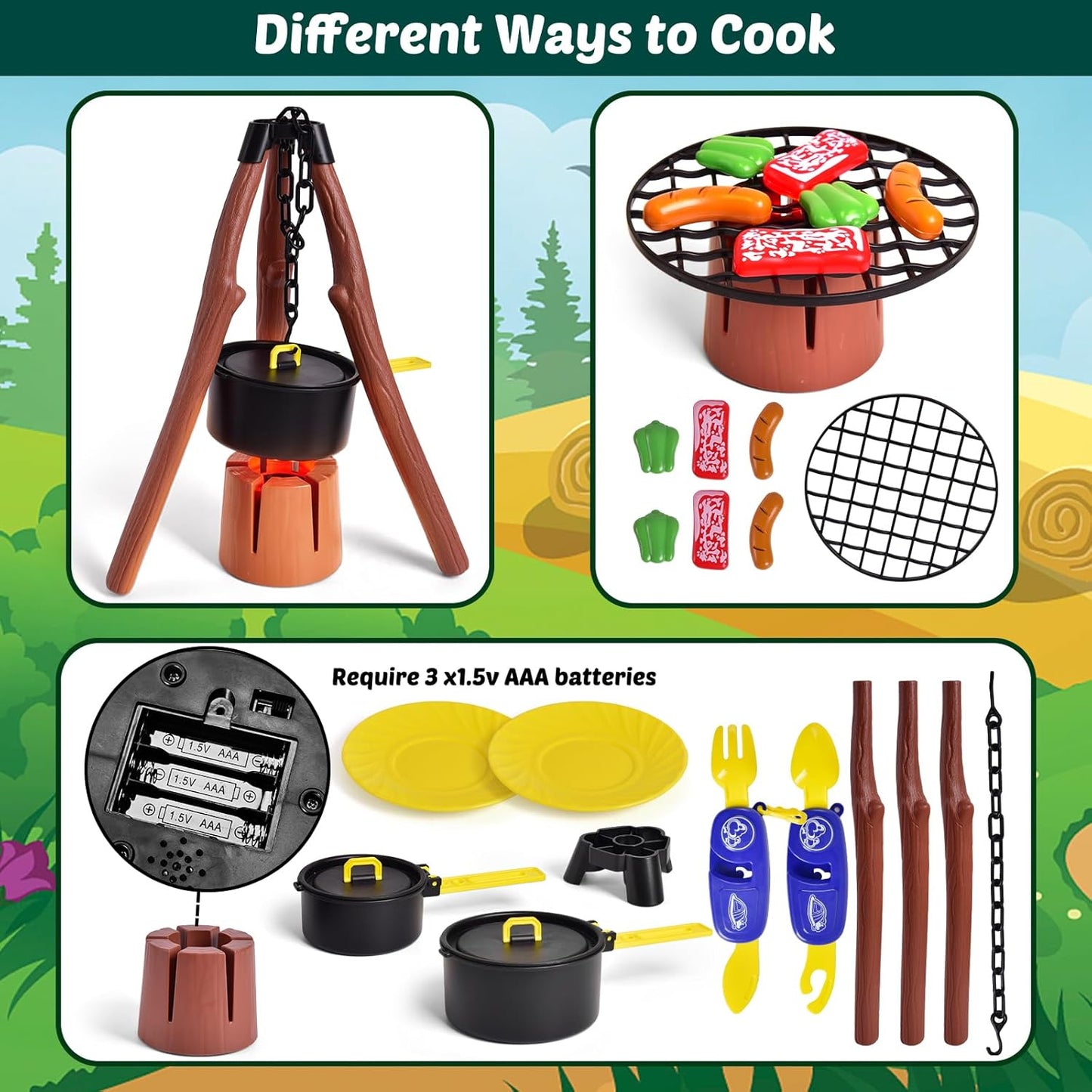 FUN LITTLE TOYS Pop Up Play Tent with Camping Gear and Tools Set, Outdoor Toys for Kids