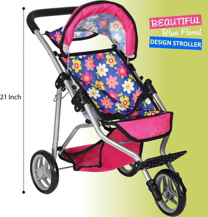 Fash N Kolor - Baby Doll Stroller with Adjustable Canopy & Toy Storage Basket - Foldable Baby Stroller for Pretend Play - Denim Pink,