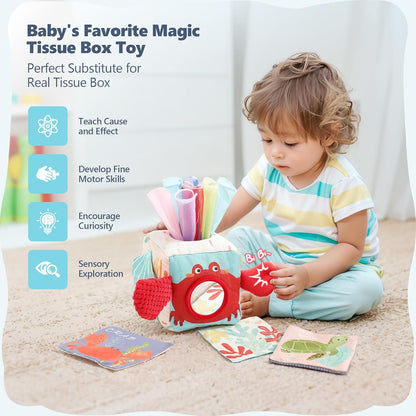 Youuys Baby Tissue Box Toy for Babies 6-12 Months, Montessori Sensory Toys for 1 Year Old Boy, Infant Toy with Crinkle Tissues & Fine Motor, for 6 9 12 18 Months Old Kids 1st Birthday