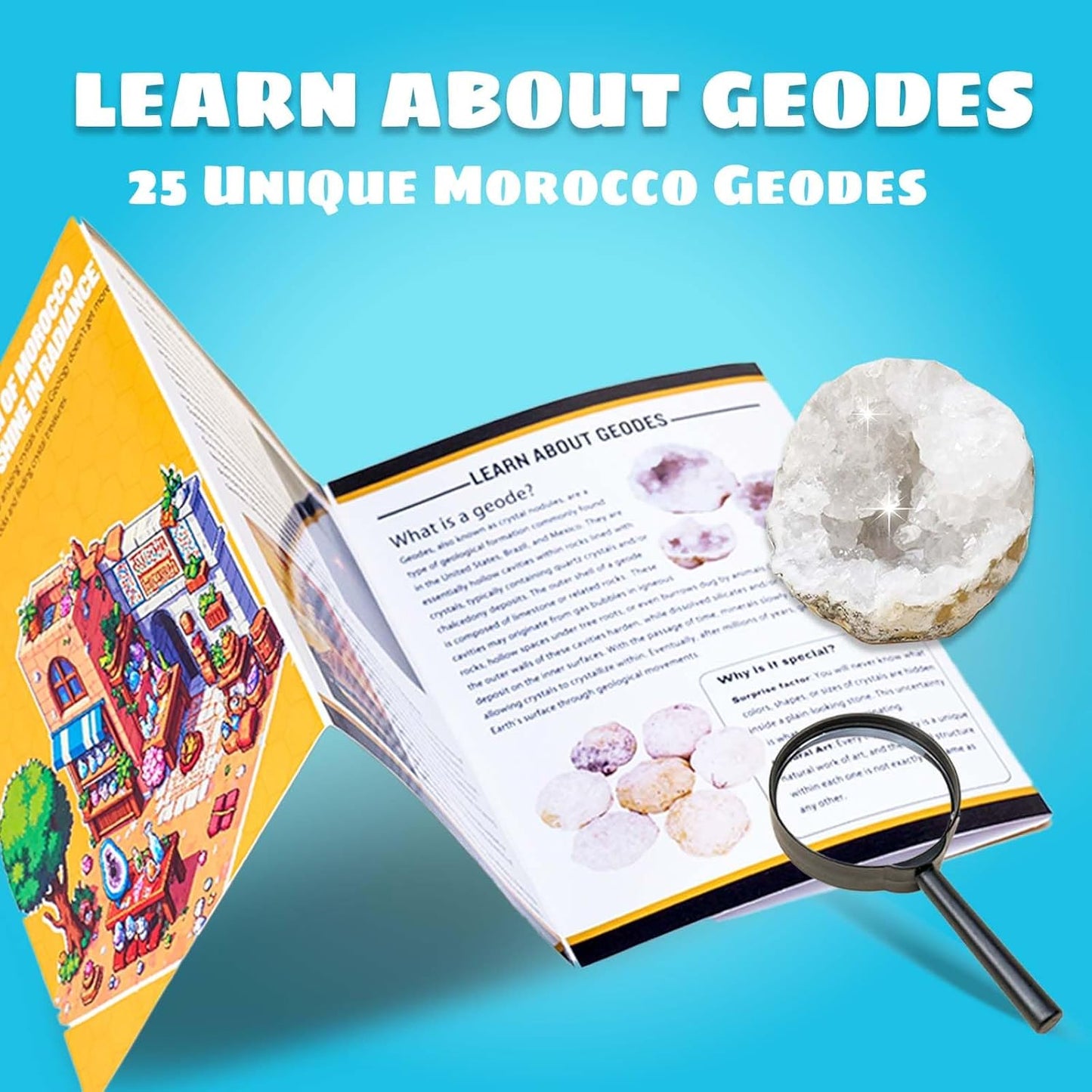 Runyangshi 25 Pcs Morocco Geode Break Your Own Kit - 1.18-1.57 in Natural Geodes with Magnifying Glass, Safety Goggles, Velvet Bag, Instruction Guide, STEM Science Kit for Rock Enthusiasts