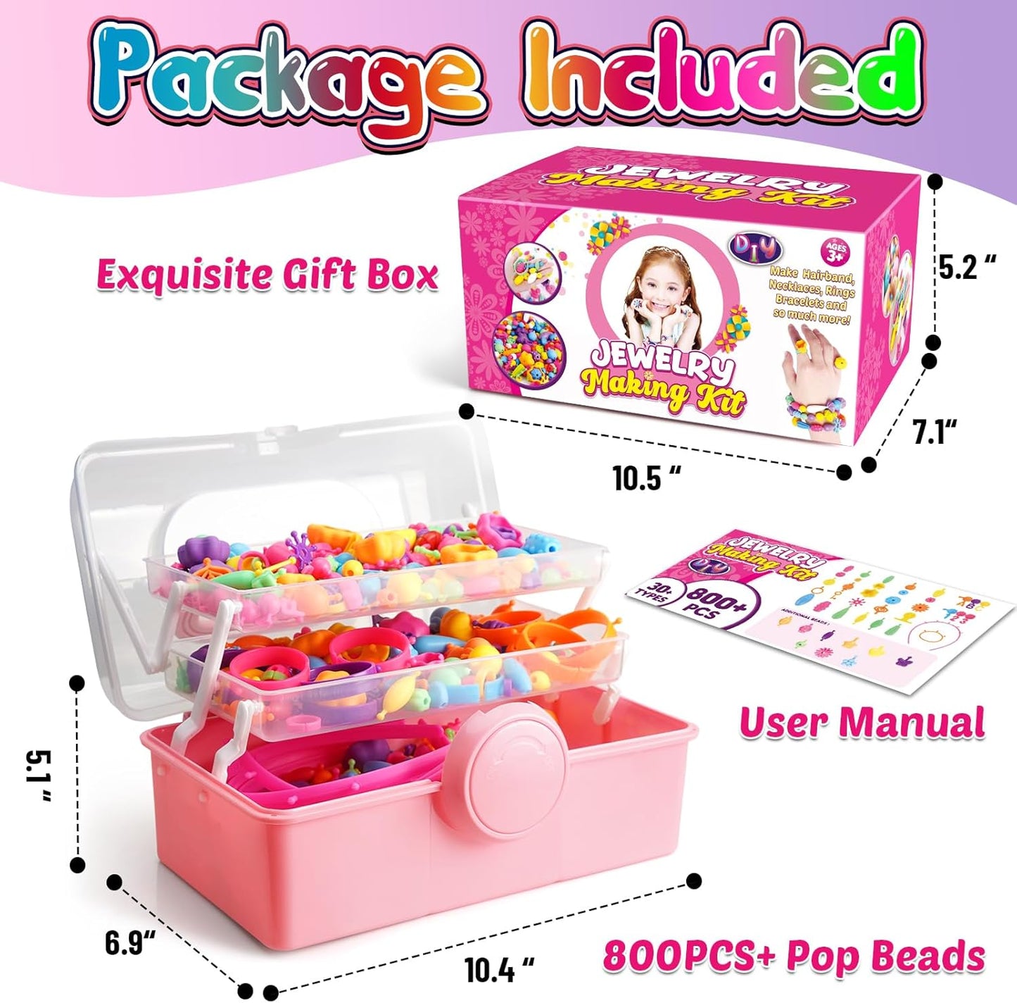 FUNZBO 520+ Snap Pop Beads - Jewelry Making Beads Charms Style Craft Kit, Arts and Crafts for Kids Ages 4-8, Toys for 3 4 5 6 7 Years Old Girls Birthday Gifts Ideas, Bracelet Necklace Ring for Girls
