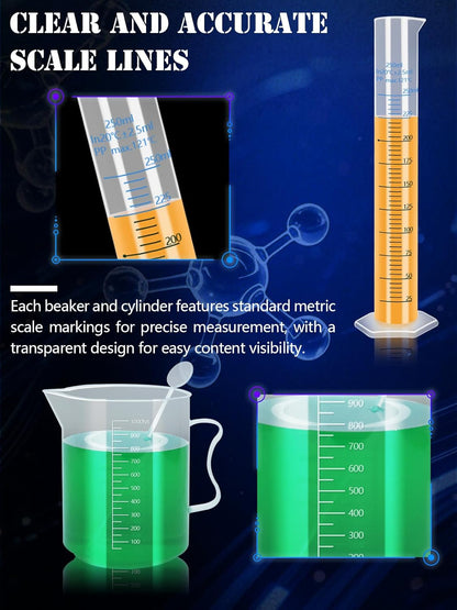 Artcome Plastic Graduated Cylinders and Beakers with 5 Pipettes, 10/25/50/100/250ml Cylinders, 10/25/50/100/150/250/500/1000ml Beakers, 5 Stirring Rods – Ideal for Science Lab, DIY, Halloween Decor