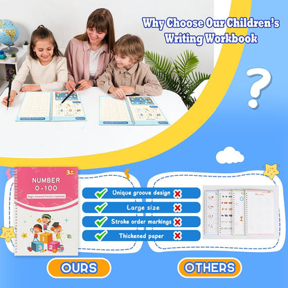 Magic Grooved Writing Practice for Kids Age 3-8, Reusable Grooved Handwriting Books, Tracing Workbooks with Disappearing Ink Pens & Grips, Preschool Learning Activities
