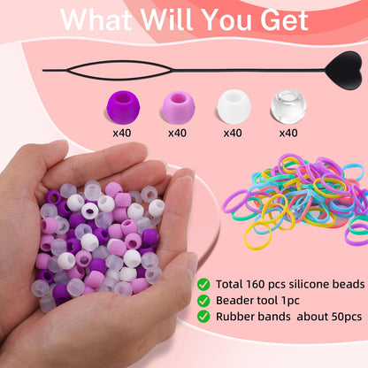 150Pcs 10mm Small Silicone Beads for Hair Braids, Soft Jellyish Pony Hair Beads with 5mm Hole + 50 Rubber Bands and 1 Beader for Braiding, DIY Bracelets Necklaces Crafts (Pink)