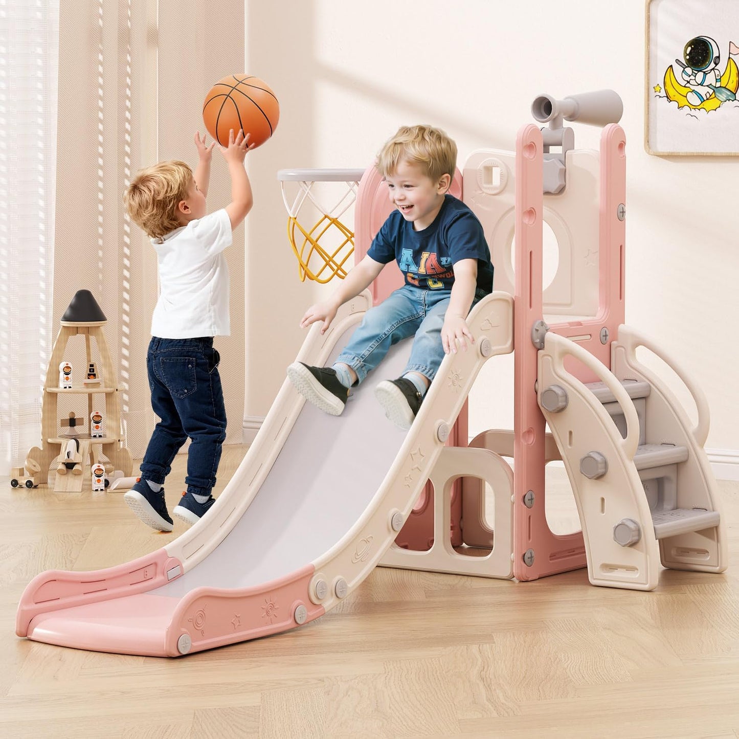 Babytronic Toddler Slide, 6 in 1 Kids Indoor Slide for Toddlers 1-3, Baby Indoor and Outdoor Climber Playset, Kids Slide with Basketball Hoop and Telescope, Toddler Outdoor Playground (Blue&Yellow)