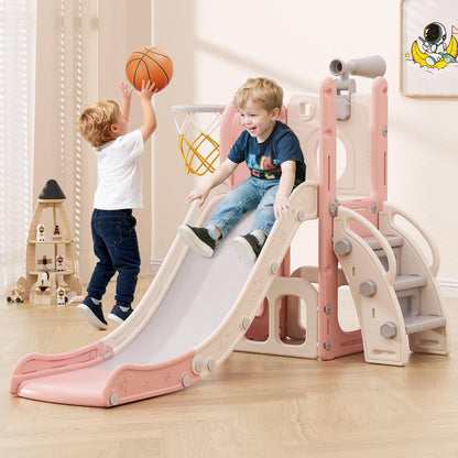 Babytronic Toddler Slide, 6 in 1 Kids Indoor Slide for Toddlers 1-3, Baby Indoor and Outdoor Climber Playset, Kids Slide with Basketball Hoop and Telescope, Toddler Outdoor Playground (Blue&Yellow)