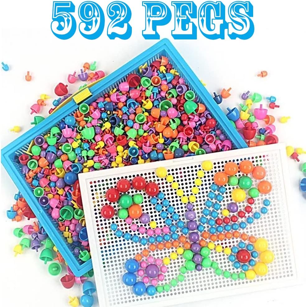 592Pcs Jigsaw Puzzle Mix Colour Mushroom Nails Pegboard Educational Building Bricks Creative DIY Peg Puzzle Toys 3D Games Birthday Christmas Party Gift for Kids Children Age Over 3 Years Old