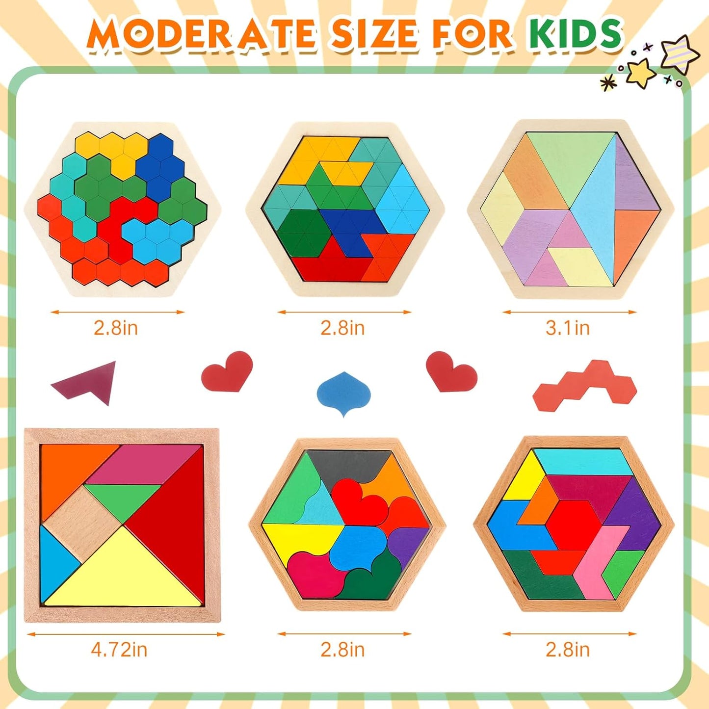 Jerify 6 Pack Wooden Tangrams Puzzles for Kids Wooden Hexagon Puzzle Block Geometric Brain Teaser Jigsaw Block 3D Logic Iq Game Stem Toy Educational Gift for Adults Challenge