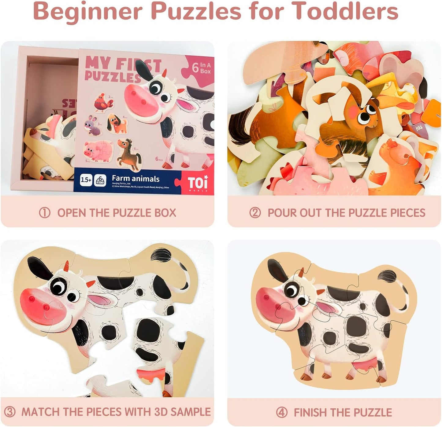 Toi 6 Packs Large Piece Toddler Jigsaw Puzzles for Kids Aged 2.5+, Animal Shaped Floor Puzzles for Beginner, Preschool Learning Game for Boys Girls, Traffic