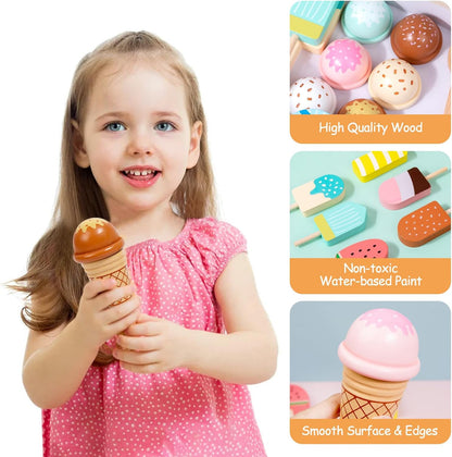 Wooden Ice Cream Set Counter Toy for Toddlers, Wooden Play Food Kitchen Accessories, Pretend Play Ice Cream Shop Toys for Kids Ages 3+, Play Store with Fake Money & Coin