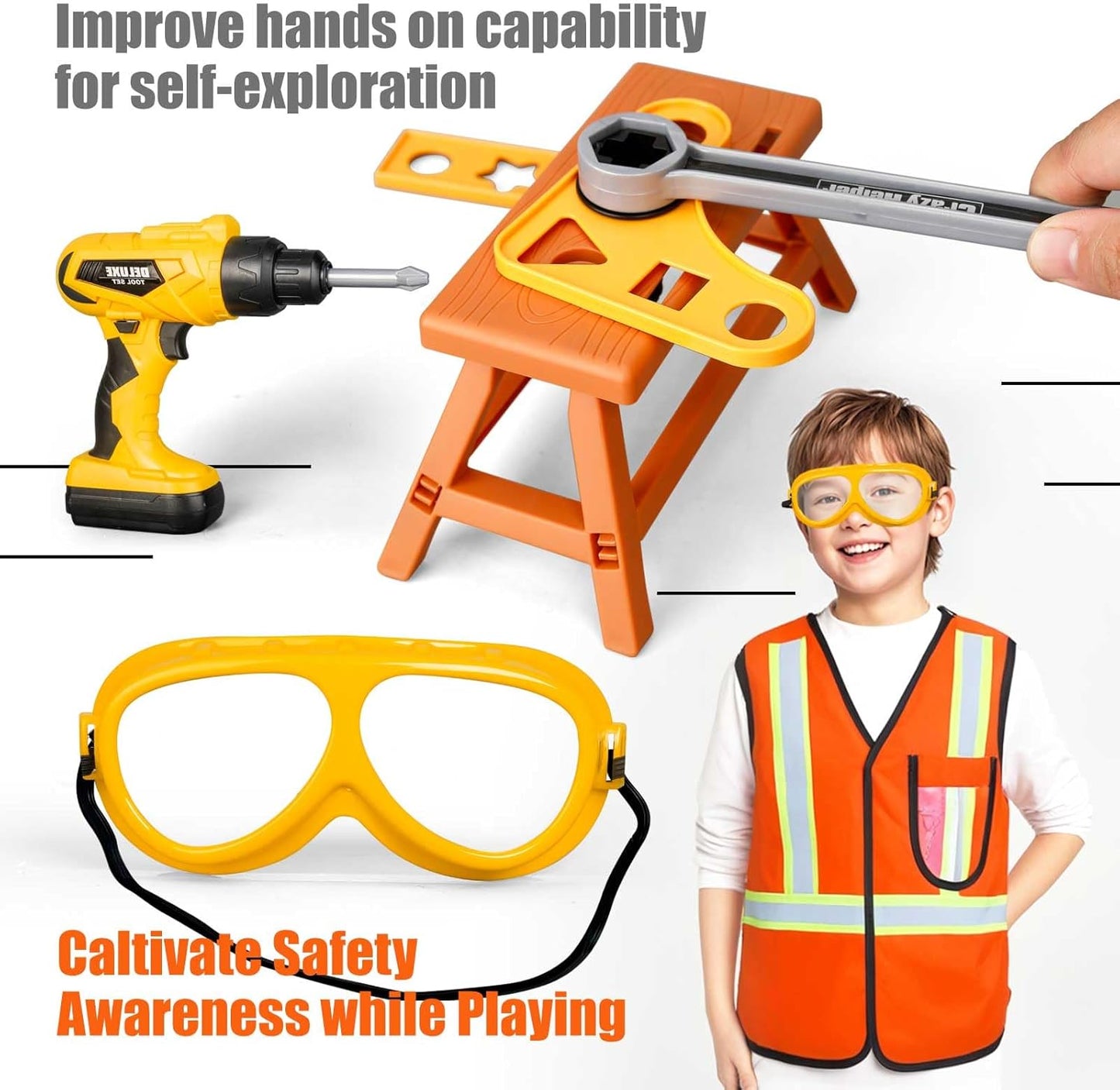 Kids Tool Set – Zealous 48 pcs Toddler Tool Set with Tool Box & Electronic Toy Drill, Pretend Play Kids Toys, Toy Construction Tools for Kids Ages 3,4,5,6,7,8 Years Old (A-Orange)