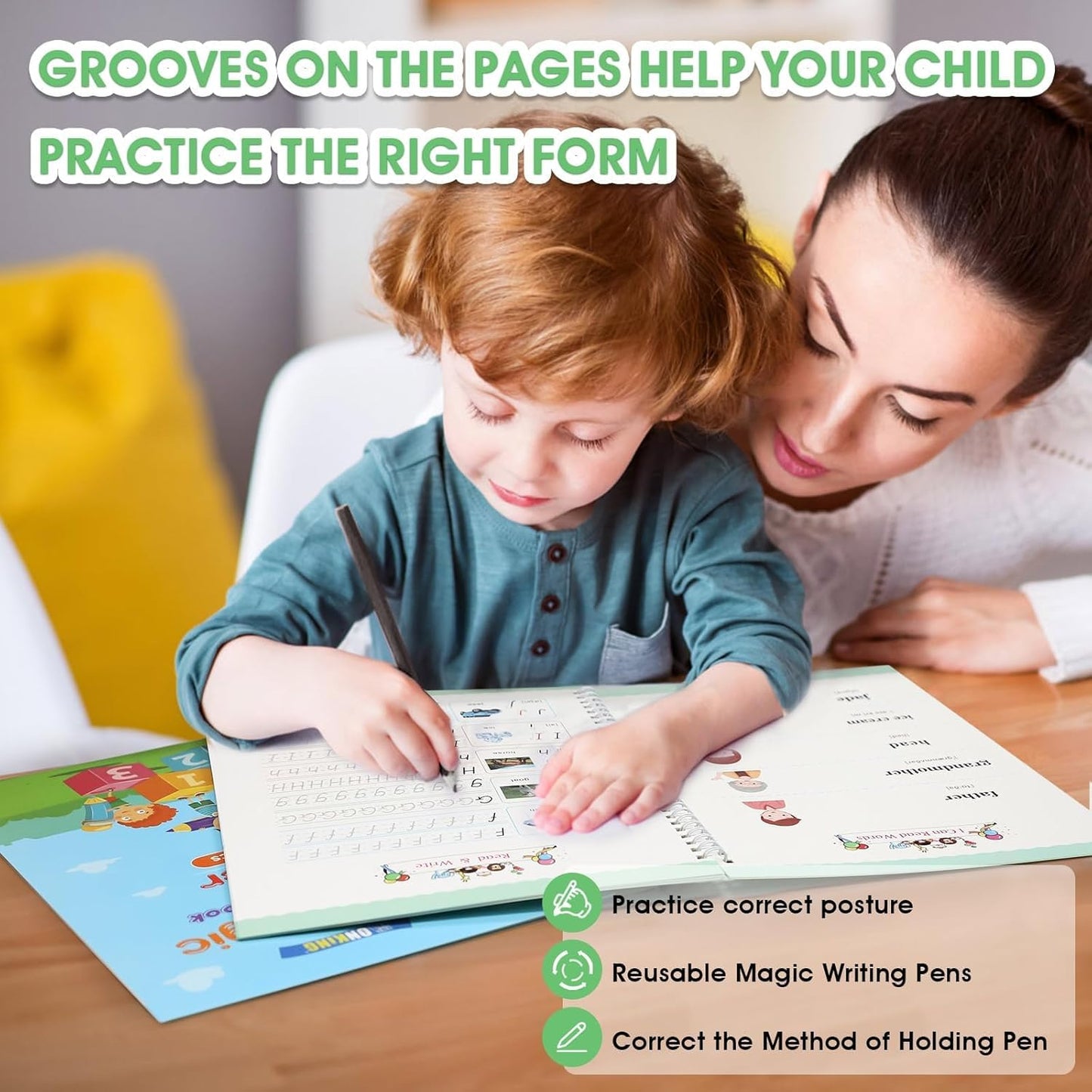 Large Magic Practice Copybook for Kids,Handwriting Grooved Practice Book 6 Pack with Pen Refill English Cursive Calligraphy Reusable Age 3-8（A4 Size）