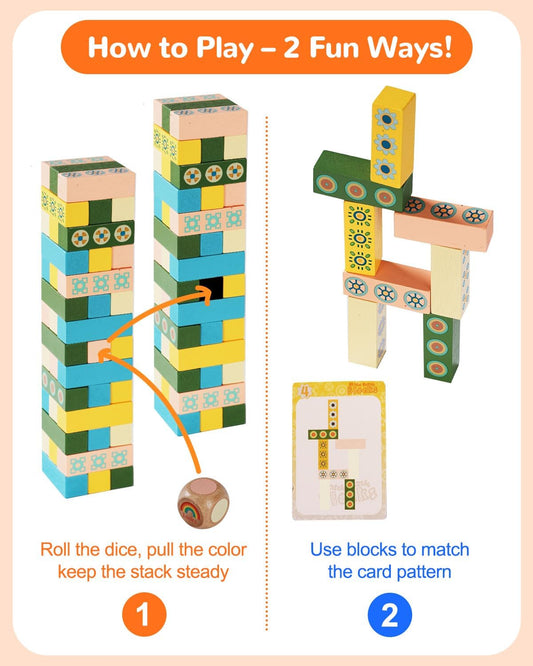 Wooden Stacking Tower Game for Kids & Adults – Educational Wooden Stacking Blocks Puzzle Game for Kids Ages 3+, Fast-Paced Family Fun for Party, Classroom & Kid Games