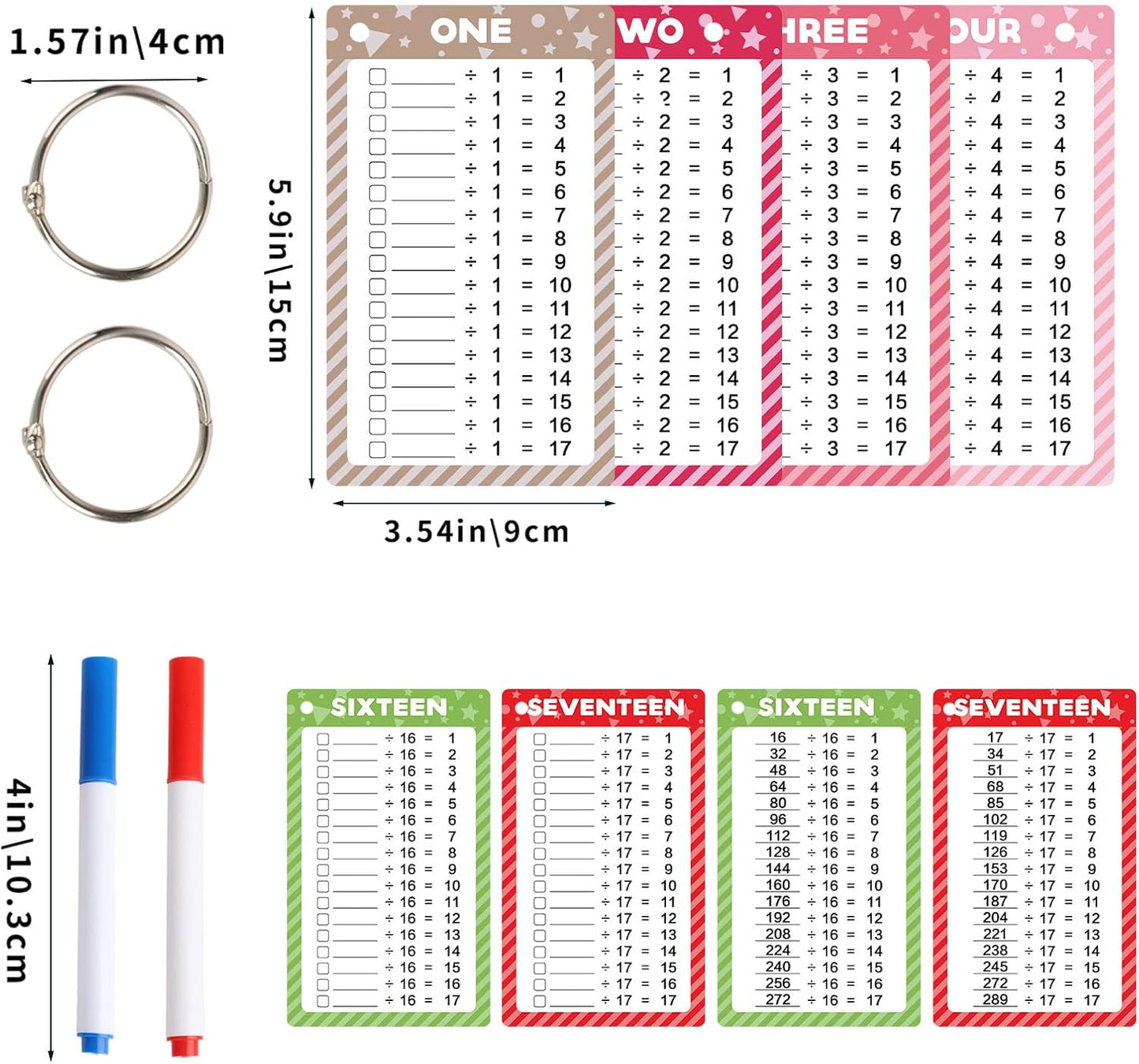 17 Pcs Addition Flashcards 0-16, Times Table Flash Cards with 2 Dry Erase Markers 2 Rings for Kids 1st to 3rd Grades Multiplication Game Supplies