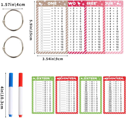 17 Pcs Addition Flashcards 0-16, Times Table Flash Cards with 2 Dry Erase Markers 2 Rings for Kids 1st to 3rd Grades Multiplication Game Supplies