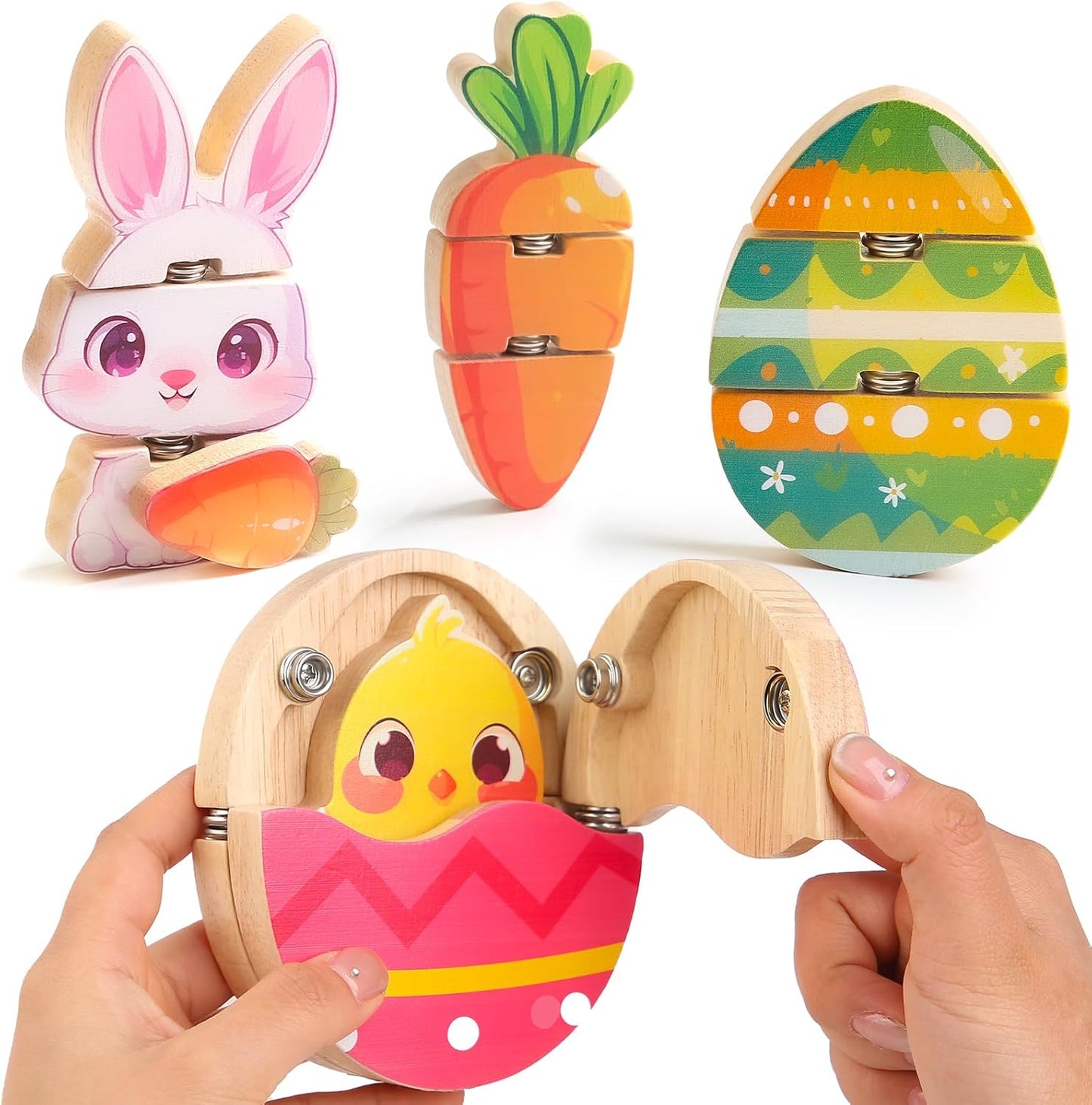 HUZU Animal Snap Wooden Building Blocks – Fun & Educational Puzzle Toy for Kids Aged 3-8, Features Cow, Bear, Lion and Turtle, Matching Game with Interchangeable Animal Faces & Emotions