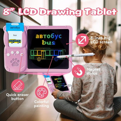 Talking English & Spanish Flash Cards - 8" LCD Writing Tablet for Kids 3-12, Bilingual 510 Sight Words, Toddler Pocket Speech, Drawing Sketch Pad, Autism Toys for Boys (Spanish, Blue)