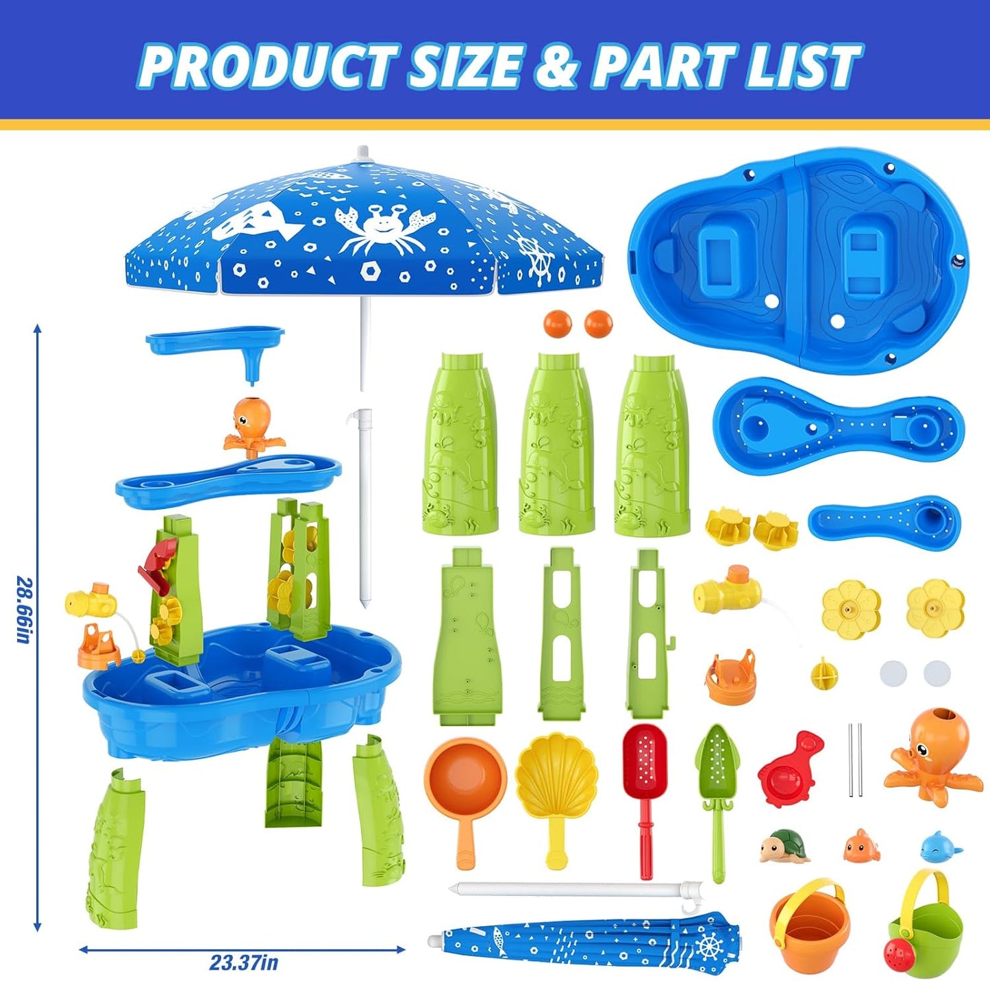 Wee Wonders 3-Tier Water Table for Toddlers, Kids Sand Water Table with Adjustable Umbrella, Sand Toys & Fishing Game, Sensory Table Activity Playset for Outdoor Beach, Summer Toys for Girls Boys 3-5