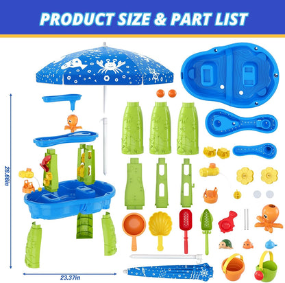 Wee Wonders 3-Tier Water Table for Toddlers, Kids Sand Water Table with Adjustable Umbrella, Sand Toys & Fishing Game, Sensory Table Activity Playset for Outdoor Beach, Summer Toys for Girls Boys 3-5