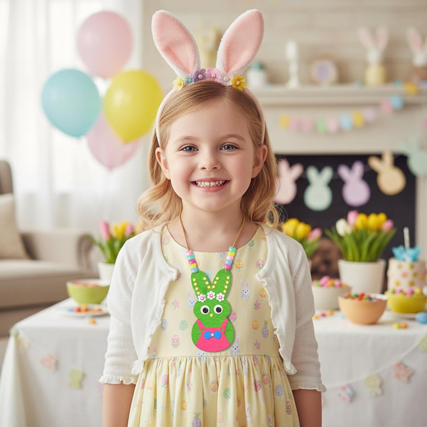BeYumi Bunny Necklace Craft Kit - 24Pcs Bunny Peeps Felt Necklace Making Kits with Beads and Gem Sticker DIY Cute Rabbit Craft for Kids Sunday School Home Classroom Gift Party Favor Fun Activities