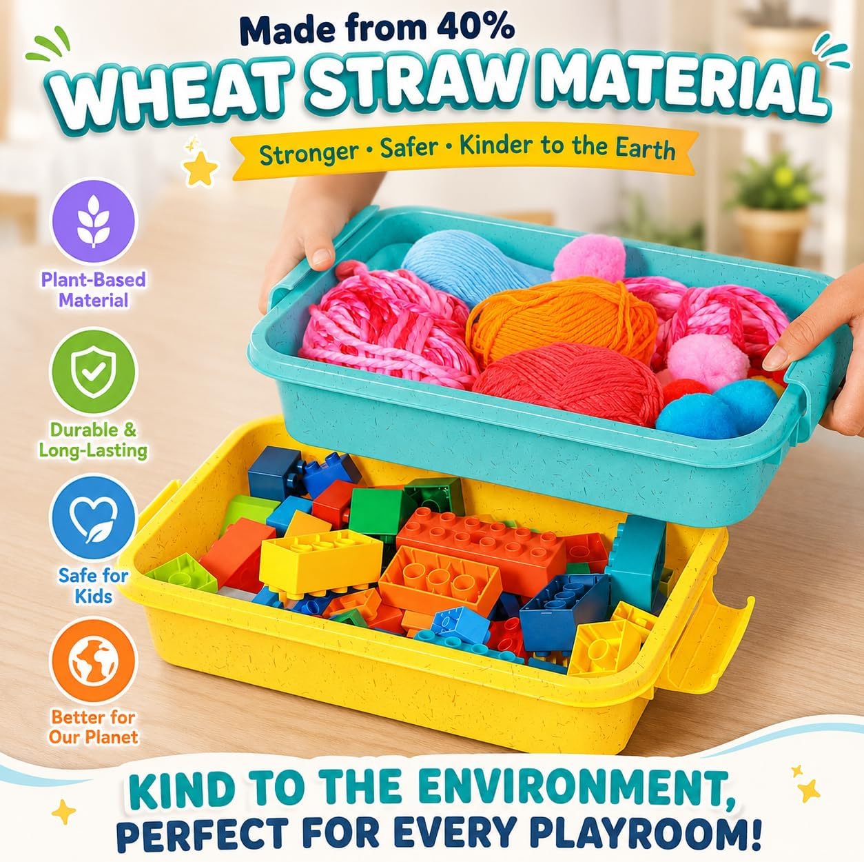 Carolart 3 Pack, Empty Sensory Bin, Wheat Straw Material，13.5 Inch Storage Container, Portable Plastic Storage Bins, Stackable Play Tray for toys,arts,crafts and sand.