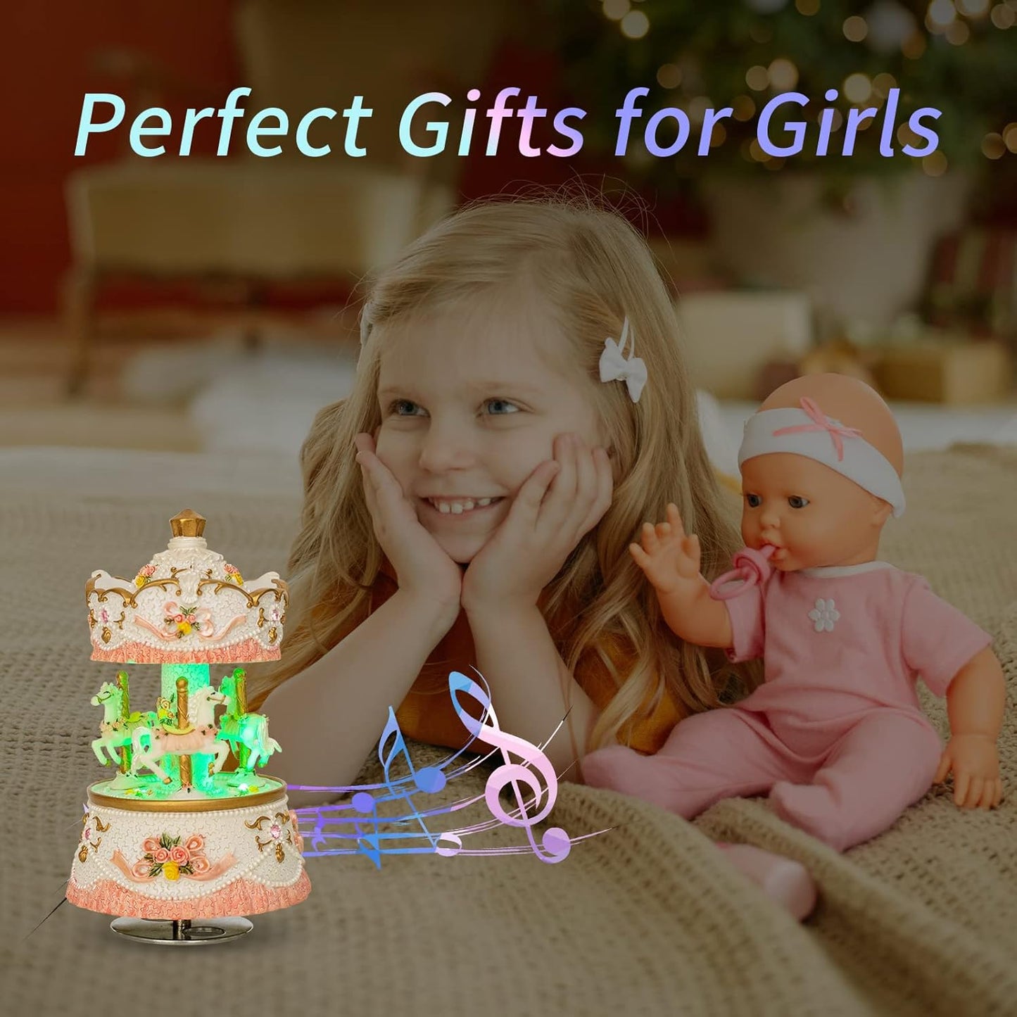 Unicorn Musical Snow Globe for Kids Girls Carousel Music Box with 7 Led Lights Swirling Glitter for Birthday Valentines
