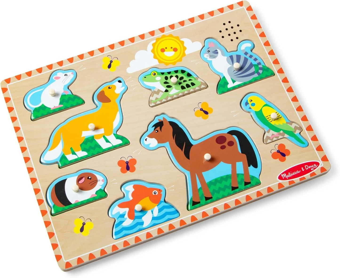 Melissa & Doug Farm Animals Sound Puzzle – 8-Piece Wooden Peg Puzzle with Light-Activated Sounds, Music Learning Toy for Toddlers and Preschoolers Ages 2+