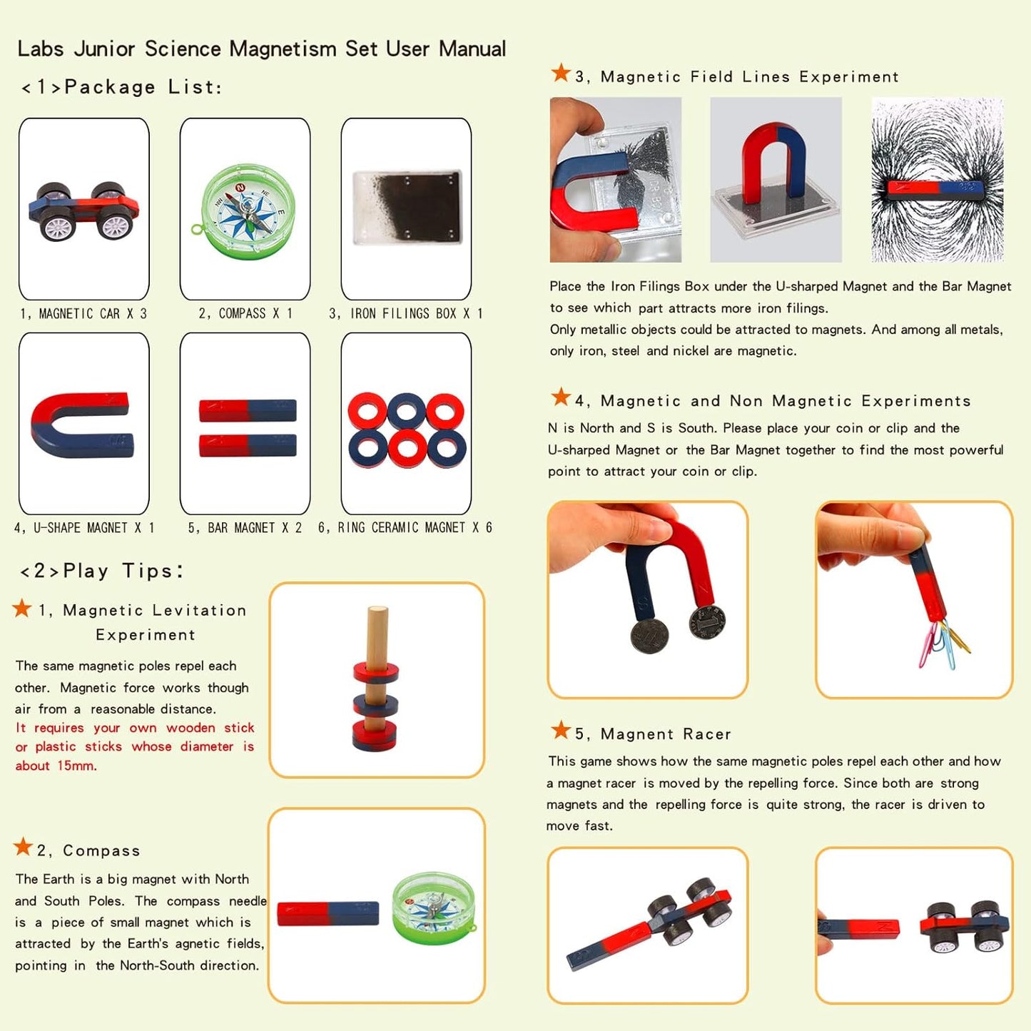 Science Magnet Kits for Kids: Educational Magnet Science Projects Experiment Tools Physics Lab Kits Includes Bar/Ring/Horseshoe/Compass/Iron Powder
