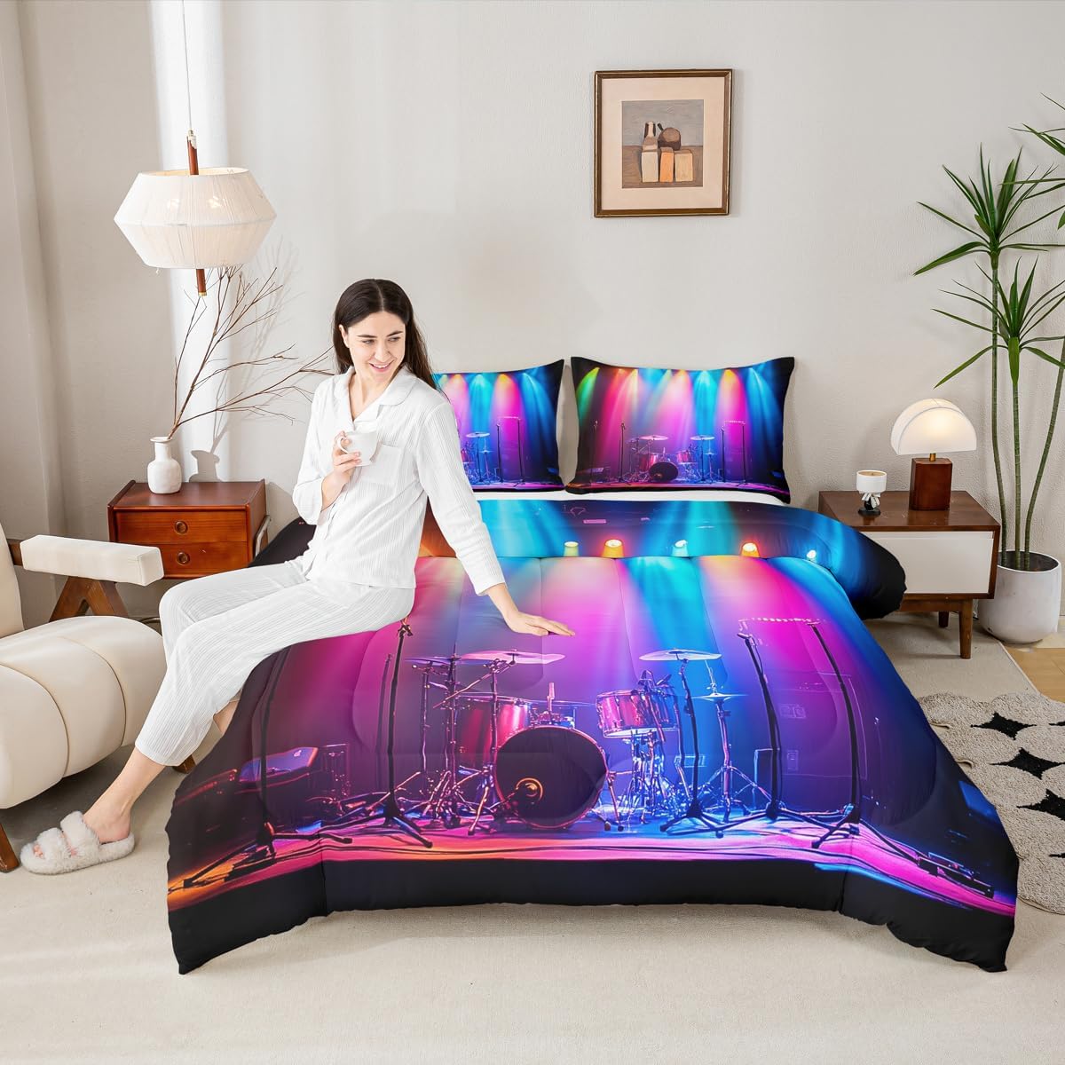Erosebridal Drum Kit 3D Print Kids Comforter Sets Rock Music Themed Full Bedding Set for Boys Girls Musical Pattern Comforter Set,Colorful Retro Style Quilt Duvet 3 Pcs