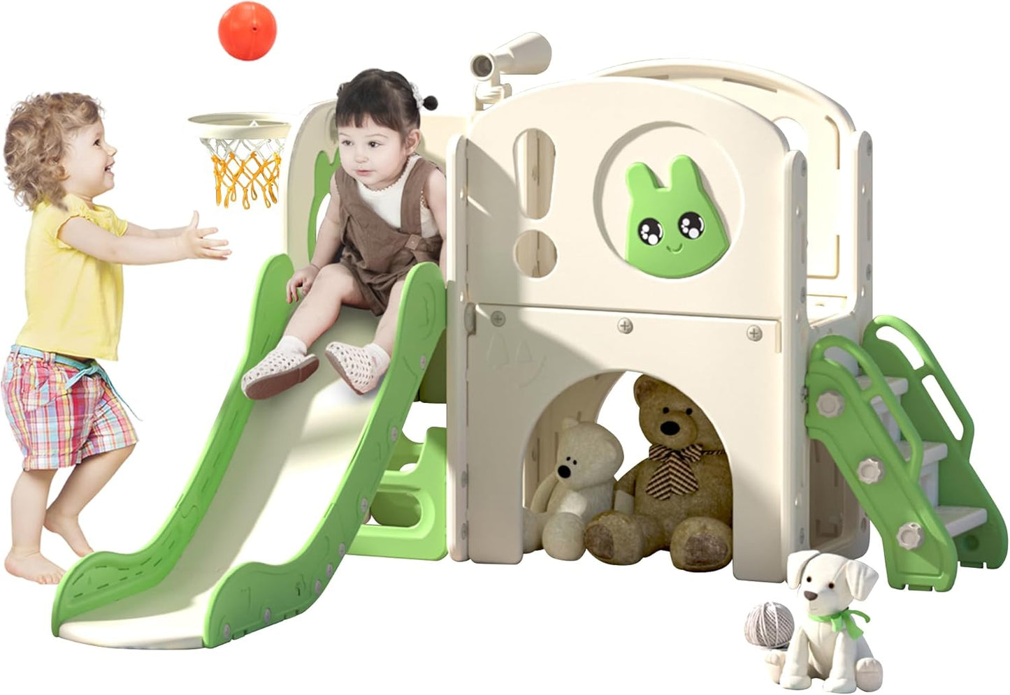 NYEEKOY 8-in-1 Toddler Slide and Climber Playset, Kids Slide Playground with Stairs, Tunnel, Telescope, Storage, Basketball Hoop and Ball, Indoor Outdoor, 1-3 Years Old, Blue