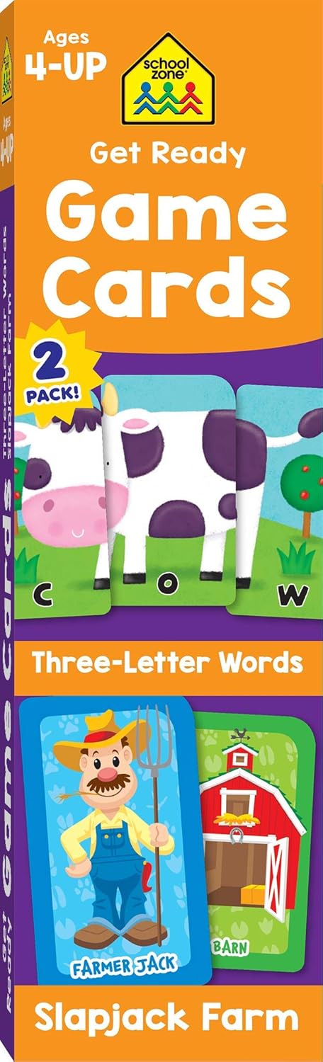 School Zone Get Ready Game Cards Three-Letter Words & Slapjack Farm 2-Pack: 108 Flash Cards, Preschool, Kindergarten, Spelling, Farm Animals, Word-Picture Association, Matching, Ages 4+