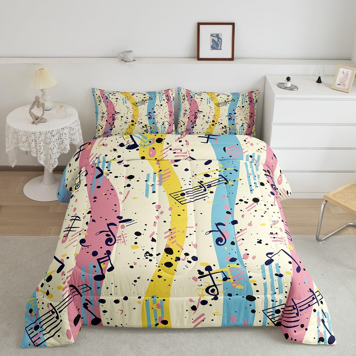 Erosebridal Drum Kit 3D Print Kids Comforter Sets Rock Music Themed Full Bedding Set for Boys Girls Musical Pattern Comforter Set,Colorful Retro Style Quilt Duvet 3 Pcs