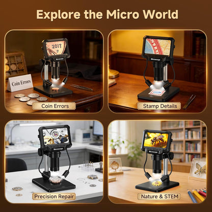 4.3" Coin Microscope for Error Coins (Detail View Only), 1000X Digital LCD Magnifier with Anti-Glare Side Lights, 1080P USB PC View (Win/Mac), Rechargeable Scope for Numismatic Grading