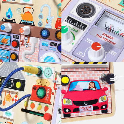 JAUNTY Montessori Wooden Busy Board for Toddlers 3 4 5 Years Old, Wooden Sensory Toddler Toys with LED Light Switches, TV Radio Telegram and Car Driving, Travel Toys Birthday for Boys Girls