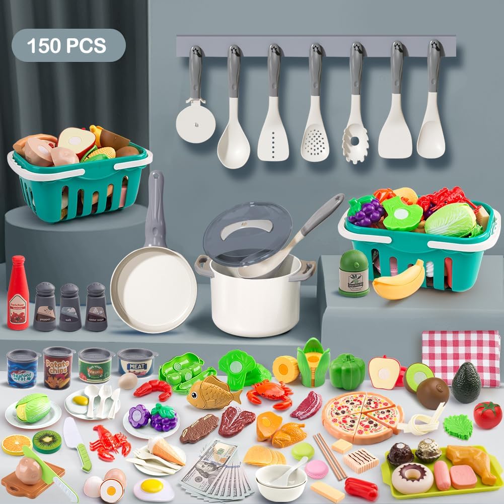 150Pcs Kitchen Playset, Toddlers Pretend Cooking Cookware Accessories, Food, Picnic Blanket, Fruits, Veges, 2Pack Shopping Storage Basket, Dessert and Prop Money, Gift for Kids (Pink)