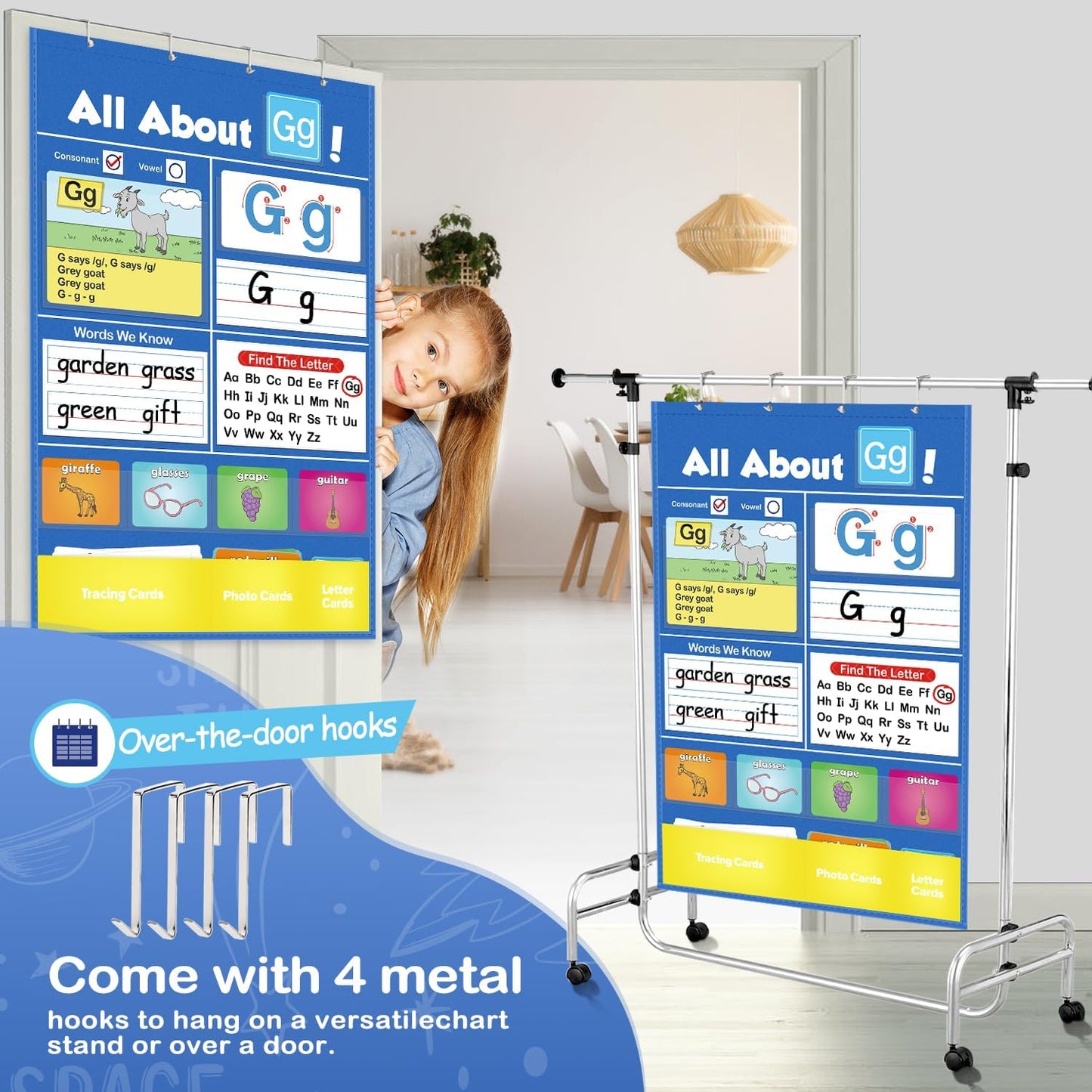 Torlam Alphabet Learning Pocket Chart Alphabet Wall Chart ABC Flash Cards Learning Games, Handwriting Practice Letter Tracing for Kids Homeschool Preschool Kindergarten Learning Activities Must Haves