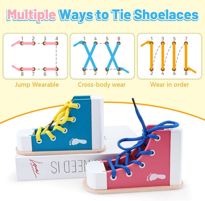 2 Pack Wooden Shoe Tying Practice Kit with Blue and Pink Laces, Instructional Lacing Technique Aid for Fine Motor Skills Development (Blue,Pink)