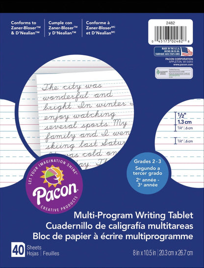 Pacon PAC2482 Multi-Program Ruled Handwriting Paper, 8" x 10.5", 40 Sheets, D'Nealian Grades 2-3 and Zaner-Bloser Grade 2, 0.5" Ruling, 0.25" Dotted Midline, 0.25" Descender Space