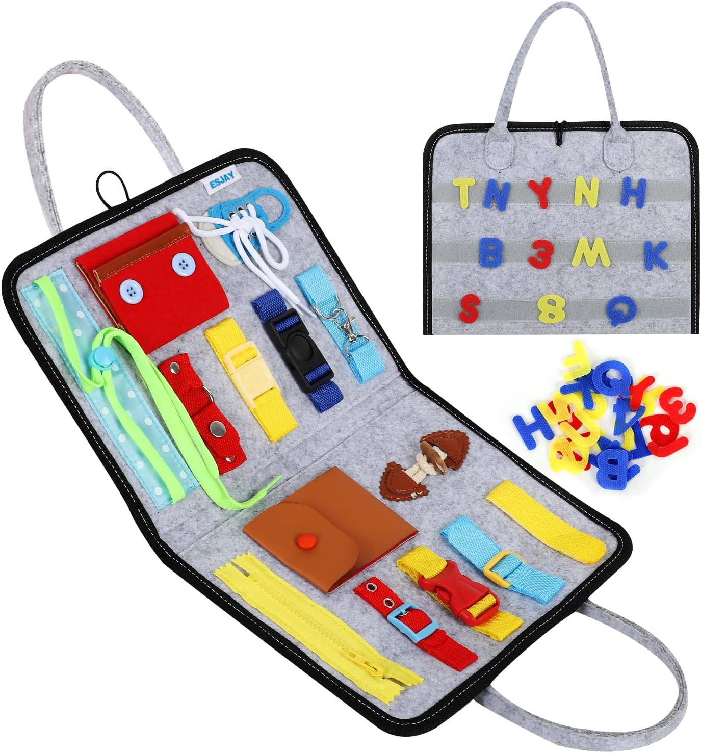 Esjay Toddler Busy Board Montessori Toys for Boys Girls, Sensory Book Educational Activities for Learning Fine Motor Skills, Birthday Gifts for Toddlers, Travel Toys for Airplane Car, White Dinosaur