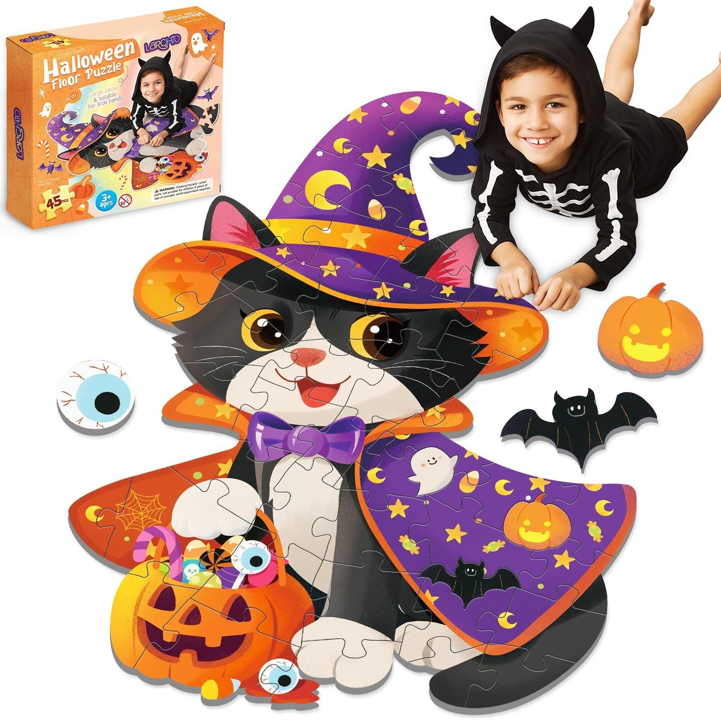 45 Pcs Halloween Floor Puzzle with Black Cat Jumbo Jigsaw Puzzles for Kids Age 4-8, Boo Basket Gifts Stuffers for Boys Girls