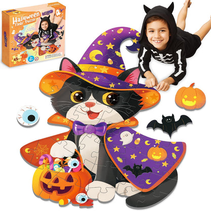 45 Pcs Halloween Floor Puzzle with Black Cat Jumbo Jigsaw Puzzles for Kids Age 4-8, Boo Basket Gifts Stuffers for Boys Girls