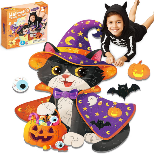 45 Pcs Halloween Floor Puzzle with Black Cat Jumbo Jigsaw Puzzles for Kids Age 4-8, Boo Basket Gifts Stuffers for Boys Girls