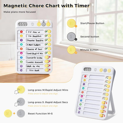 Magnetic Chore Chart for Kids, ADHD Tools for Kids to Do List Checklist Task Board Routine Chart Visual Schedule for Fridge with 10 Sliders and Magnetic Marker - White