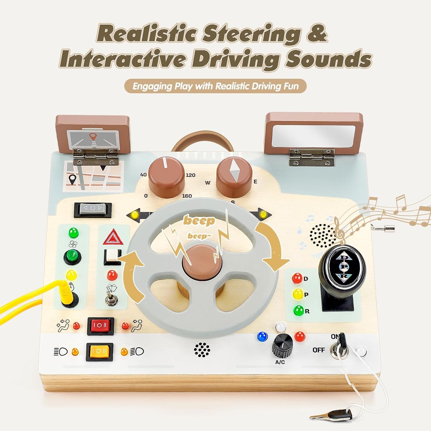 Joyreal Toddler Busy Board with LED Lights, Steering Wheel, Sounds, Montessori Toys for 1+ Year Old, Fidget Board Sensory Travel Toy, Gifts for Boys and Girls
