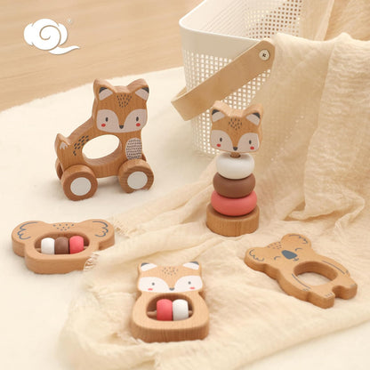 FReniland Wooden Montessori Baby Toys Set, 5-Piece Newborn Gift Set with Koala Rattle, Fox Stacking Rings & Push-Pull Toy for Boys and Girls