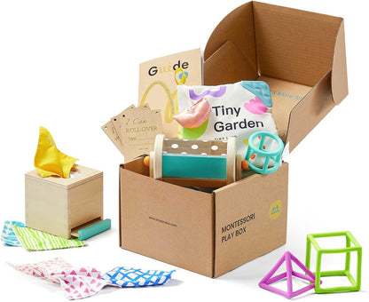 Tiny Land Montessori Baby Toy Set 0-3 Months Newborn Development Sensory Play Kit - 5-in-1 Mirror, Black & White Card Set, Rolling Bell, Play Mat, and Bed Wrap