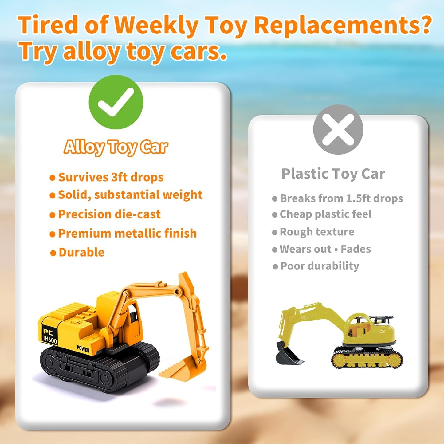 Construction Sand Kit with Foldable Sandbox Case - 1.1lbs Sensory Play Sand, 4 Alloy Trucks & Molds - Mess-Free Travel Beach Toys for Toddlers 3-5, Portable Dry-Wet Separation Design