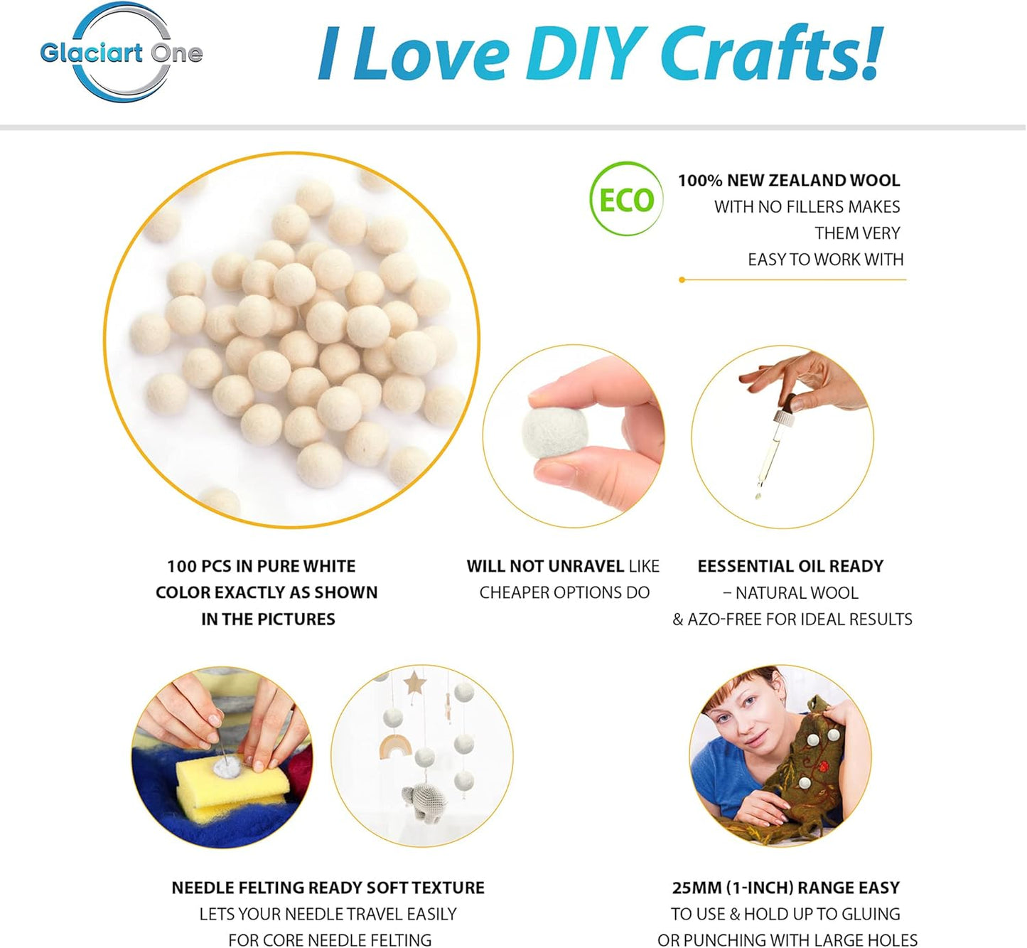 Glaciart One Wool Felt Balls, Felt Ball (240 Pieces) 2.5 Centimeters - 1 Inch, Handmade Felted Pure White Color - Bulk Small Puff for Felting and Garland